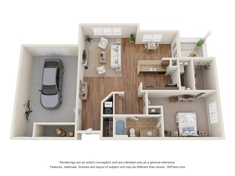 3D Floor Plan of a 1-bedroom apartment with 1 bathroom and garage at 10x Audubon Apartments in Daphne, AL